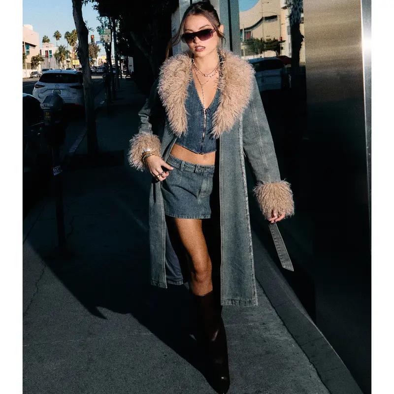 Cold Front Confidence Faux Fur Denim Trench Coat