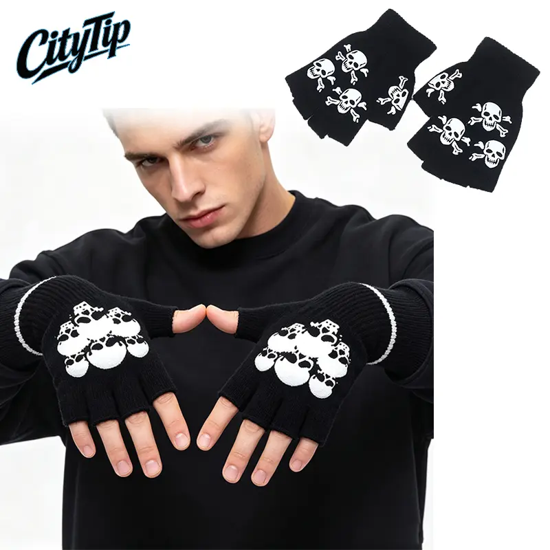 Skeleton Fingerless Gloves for Men Women, Warm Knit Half Finger Gloves with Skull Bone Print, Touchscreen Winter Gloves, Non Slip Cycling Gloves for Outdoor Sports, Motorcycle Riding, Halloween Costume, Gothic Streetwear Fashion Accessories