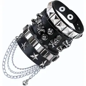 3 Pcs Punk Rock Studded Bracelet Set Spiked Leather Cuff Bracelet for Men Women 80s Wristband Emo Bracelet Adjustable