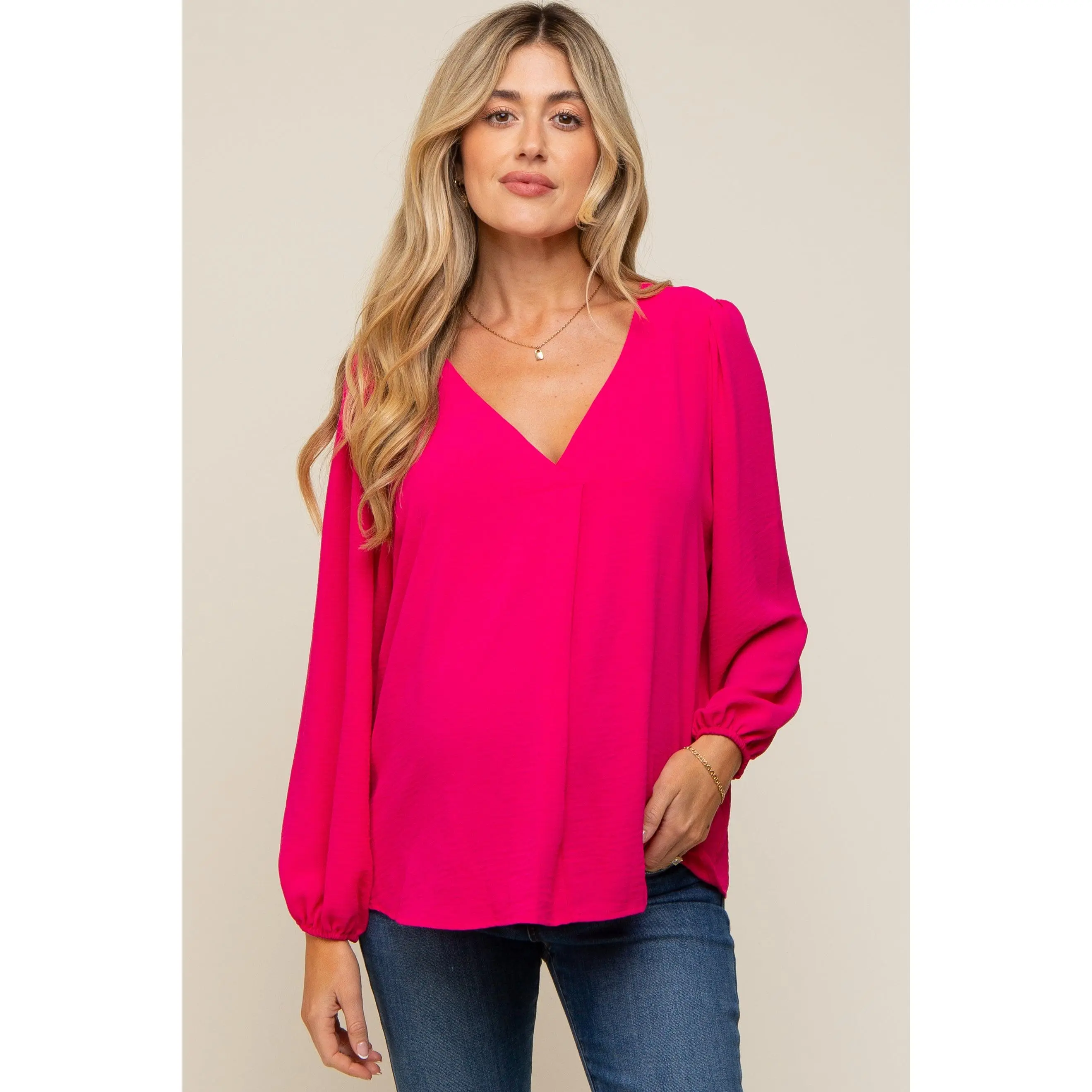 Solid Maternity Blouse Top, Fuchsia V-Neck Long Puff Sleeve Pullover for Casual Everyday Pregnancy Wear