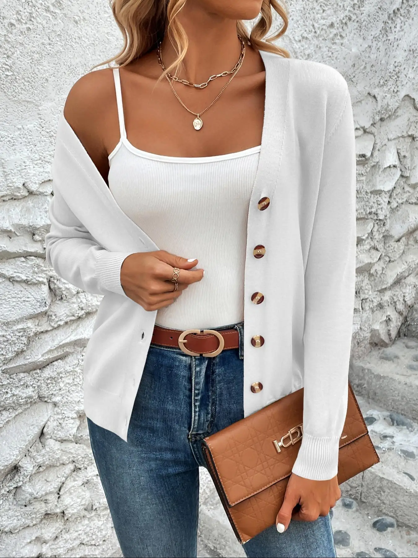 Women's Plain Button Front Cardigan, Fall Outfits, Casual Fashion Long Sleeve V Neck Cardigan for Fall, Women's Knit Clothing for Daily Wear