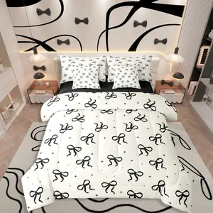Feelyou Black and Beige Bow Microfiber Bedding Set with Fitted Sheet, Modern Coquette Bedding-in-a-Bag for Teen Girls