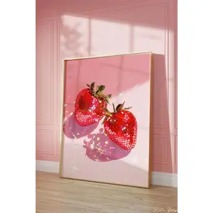 Pink Disco Strawberry Art Poster - Botanical Wall Poster With Vibrant Red Berries, Perfect For Kitchen & Living Room Decor Strawberry Decor Strawberry Kitchen Decor