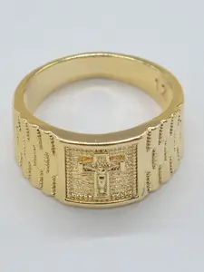 14k Gold Plated Cross Relief Religious Ring, Men's Band, Daily Wear, Party, Gathering, Holiday Gift, Stylish Jewelry for Him