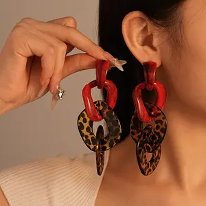 Exaggerated Color Contrast Acrylic Leopard Print Geometric Linked Silver Pin Earrings