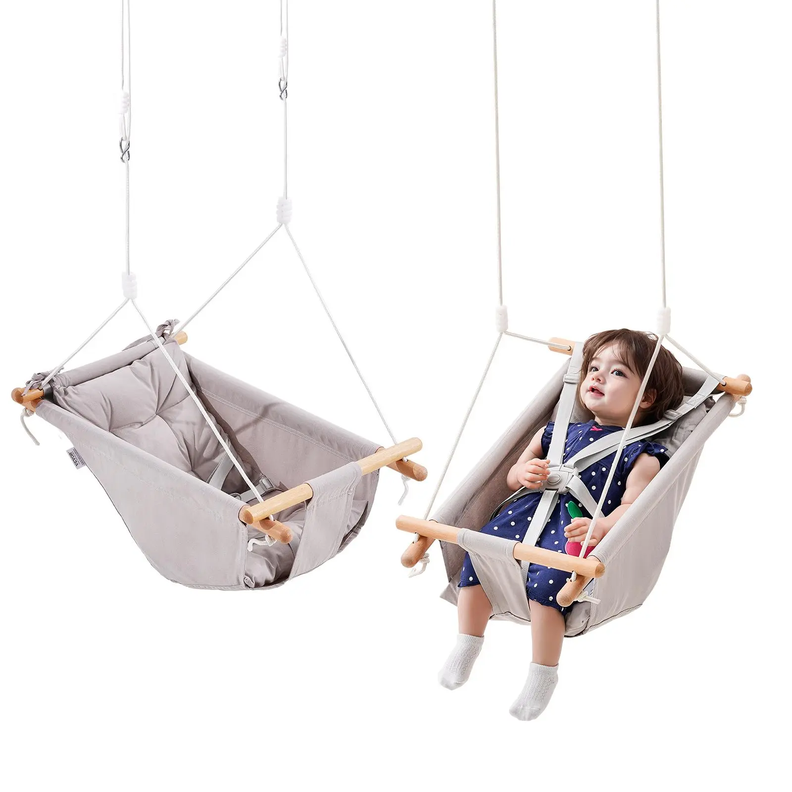VEVOR VEVOR Canvas Hammock Swing, 3 Modes Baby Swing Indoor and Outdoor with 5-Point Harness,  and Tree Straps, 150lbs Weight Capacity, Integrated Cushion, Wooden Hanging Swing Seat for Baby to Toddler