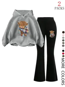 Women's Vintage Hoodie Set, Fall Winter New Casual Letter Print, Slim Fit Jogger Pants, Fun Cow Pattern, Daily Wear, Party, Camping, Travel