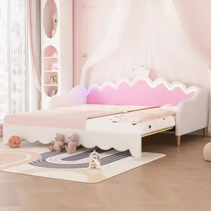 Twin Extending Daybed with LED Lights, Modern Upholstered Princess Daybed With Crown Headboard,White