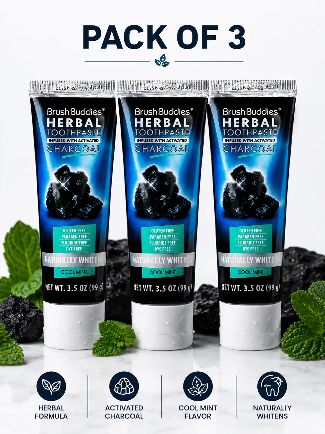 BrushBuddies Herbal Toothpaste with Activated Charcoal Pack of 3 - 3.5 oz each, Whitening Toothpaste, Charcoal Toothpaste for Whitening Teeth - Cool Mint Oral, Help to remove stains and freshens breath  6+, smile, remove stains, whiter, oral care