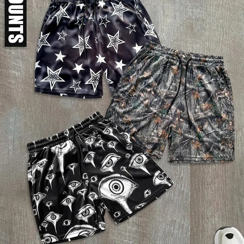 Men's Star & Eye Print Shorts, Casual Comfy Breathable Shorts for Daily Wear, Men's Bottoms for Summer, Menswear, Homewear, Casual Style Loungewear