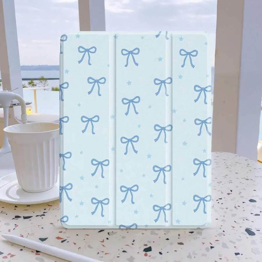 Elegant Light Blue Bow and Star Print Tablet Case, Tablet Cover, Compatible with iPad Gen 10/9/8/7/air 5/4-Pro 11", Three-Fold Stand Anti-Drop Design, iPad Accessories
