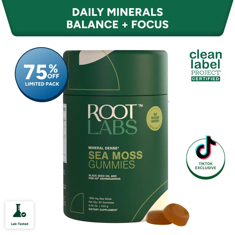 Root Labs Sea Moss Gummies | New Year New Me Edition | Start 2026 Strong | 1-Month Pack (60) | Wildcrafted Sea Moss + Black Seed Oil | KSM-66 Ashwagandha + Probiotic Support | Vegan | No Sugar Added | No Gelatin | No Artificial Colors