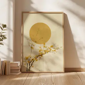Minimalist Japanese Wall Art, Yellow Sun and Blossom Poster, Zen Botanical Print for Modern Home and Living Room Decor