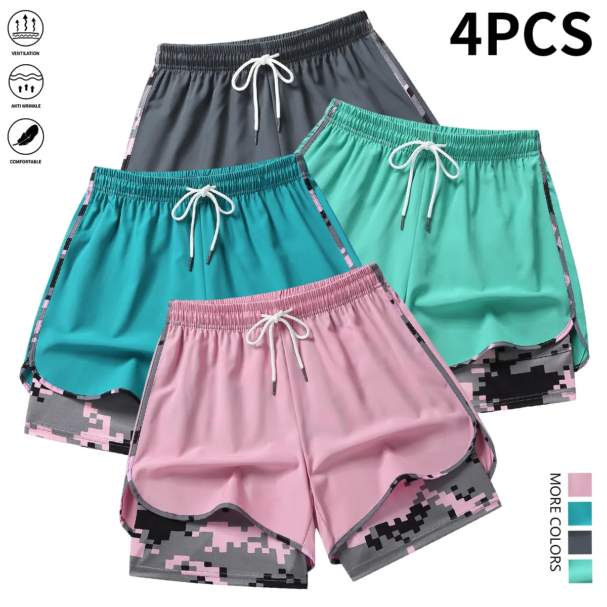 4-piece set of women’s yoga shorts with lining, fitness training shorts, summer running women’s sports shorts, gym outfits, beach stroll women’s shorts