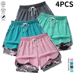 4-piece set of women’s yoga shorts with lining, fitness training shorts, summer running women’s sports shorts, gym outfits, beach stroll women’s shorts