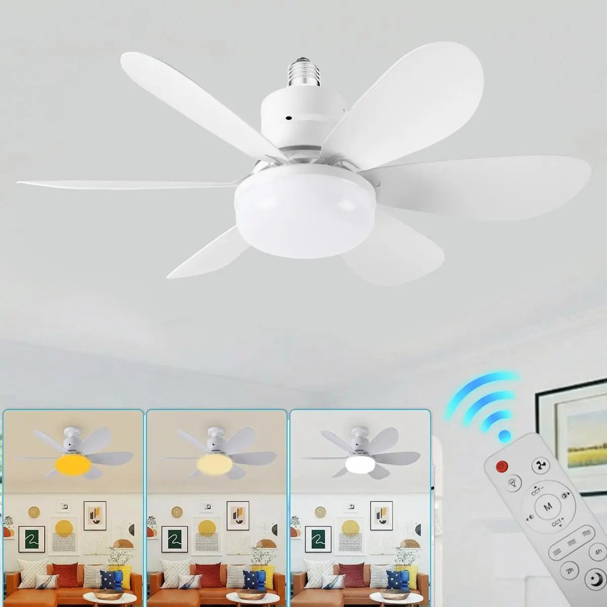 Socket Fan Light Portable with Remote and Intelligent(mobile phones)control, E27 Celling Fan with Three Lighting Modes for Bedroom, Kitchen, Living Room and Baby Room