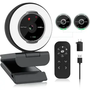 Streaming Webcam with Microphone: 1080P 60FPS USB Web Cam with Ring Light and Remote Control -  Web Camera with 5X Digital Zoom Built in  Cover,for PC||Laptop||Desktop