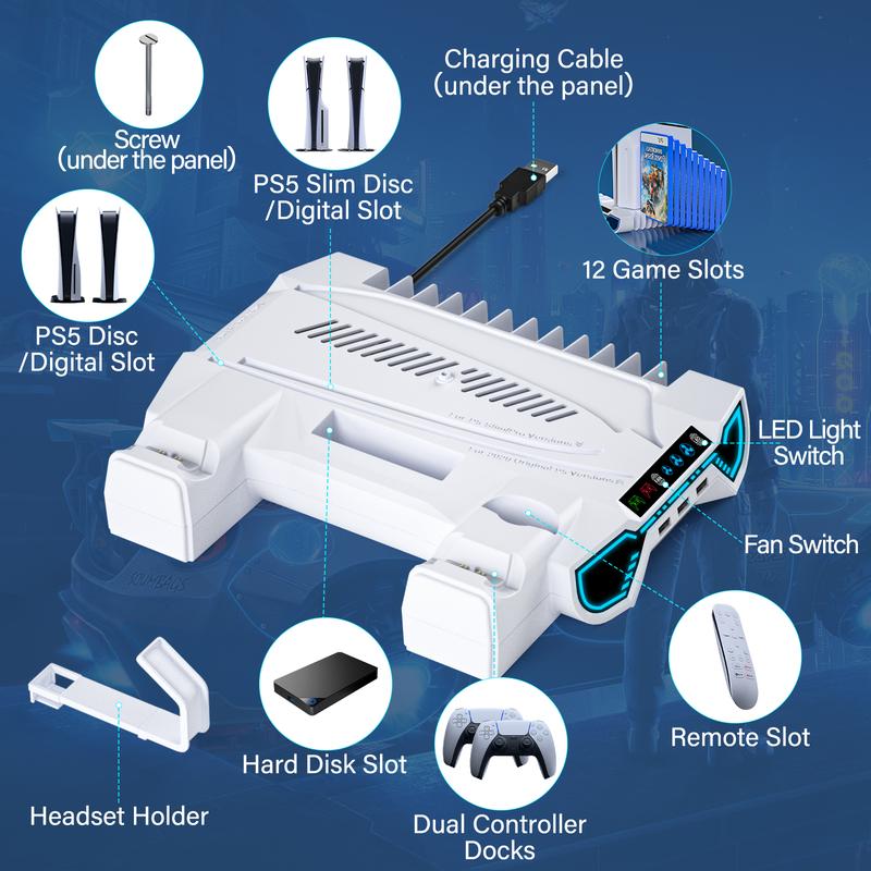 PS5 Cooling Station Charging Base with Upgraded Touch Screen for Standard/Slim/Pro, All-in-One Stand Compatible Disc/Digital, Dual Controller Charger,3-Level Cooling Fan, 3 USB Hub, Best Christmas Gift for Gamers