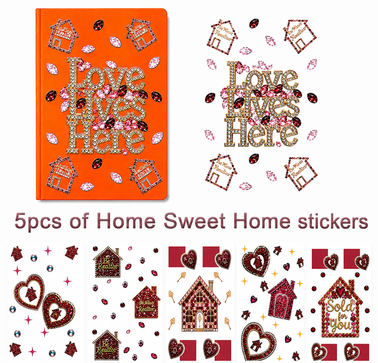 5pcs Heart Design UV DTF Home Sweet Home Journal Decals, Real Estate House Theme Transfer Stickers for A5 Journals, Planner Covers, Scrapbook Decoration, Heart Design Stickers