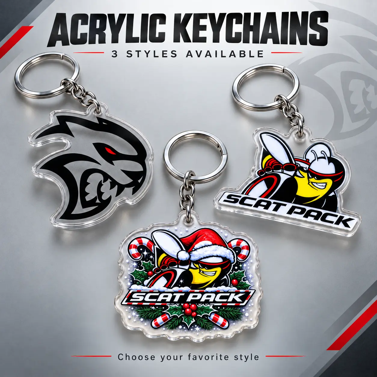 46.48mm Double Resin Keychain for Car Keys - Acrylic Keychain with Key Ring & Chain, Hellcat Red Eye/Bee (Scat Pack) Designs, Christmas Style, 3 Style Options, Decorative Automotive Gift Accessory (1 Pc)