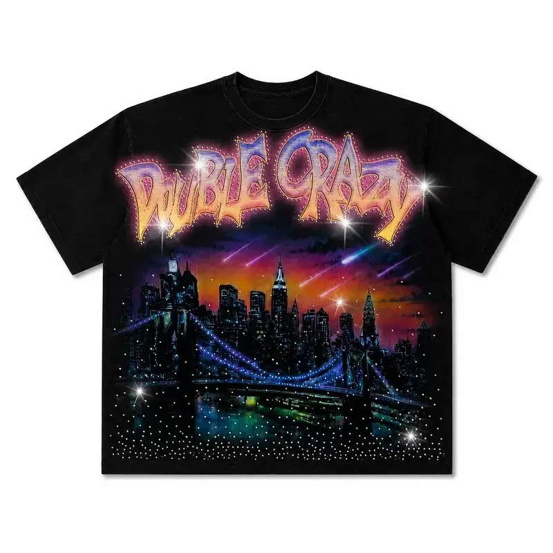 [no rhinestones] Y2K Streetwear Graphic Tee Double Crazy NYC Cityscape Airbrush Print Heavyweight 100% Cotton Retro Hip Hop Oversized T-Shirt Men Women Unisex Aesthetic Starry Night Bridge Top Gift