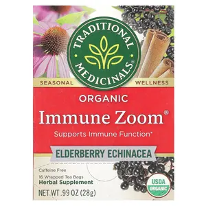 Traditional Medicinals Organic Immune Zoom®, Elderberry Echinacea, Caffeine Free, 16 Wrapped Tea Bags, 0.99 oz (28 g)