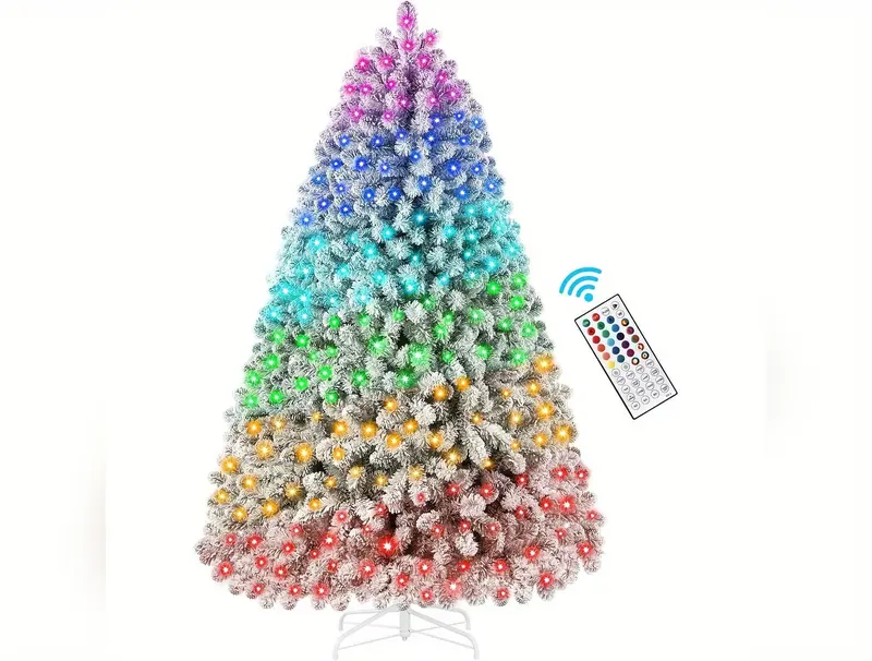 1pc 7.5ft Prelit Snow Flocked Artificial Holiday Christmas Tree with Remote (Upgraded), 470 Pre-Lit Multi-Color RGB Lights, Full Snow Branch Tips for Home, Office, Party Decoration, 7.5 FT