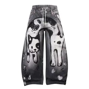 Spray Paint Hand-painted Graffiti Cartoon Anime Jeans Men and Women High Street ing loose Hip-hop Trousers Streetwear Trendy Brand