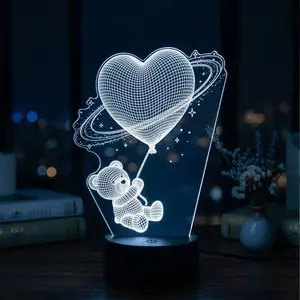 Bear with Balloons 3D Acrylic Night Light, Battery/USB Powered, 6-Color LED, Touch Sensor Ambient Lamp, Decorative Mood Light for Bedroom & Living Room