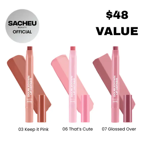 sacheu DoubleDown Lip Definer Trio - 3-Pack 2-in-1 Lip Liner & Balm Set, Long-Lasting K-Beauty Lipstick with Satin Finish, Avocado Oil & Vitamin E, Nude, Pink & Brown Shades Pigmented Lip Balm