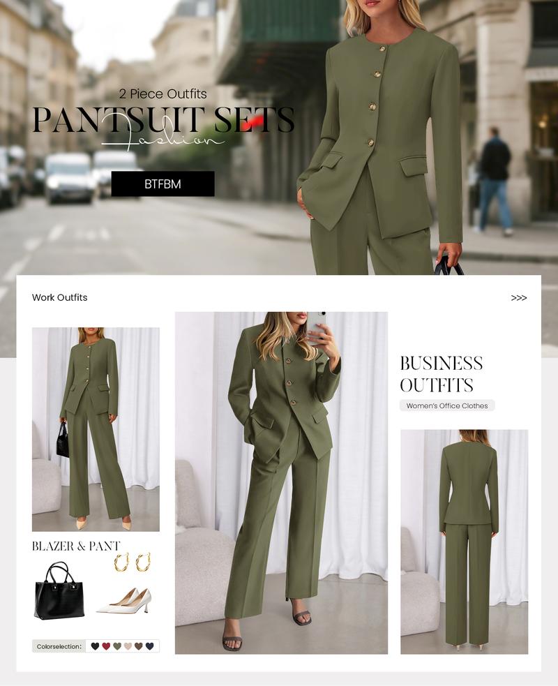 BTFBM Two-Piece Set for Women Fall Fashion Business Casual Long Sleeve Blazer Jackets Wide Leg Pant Suits Pockets