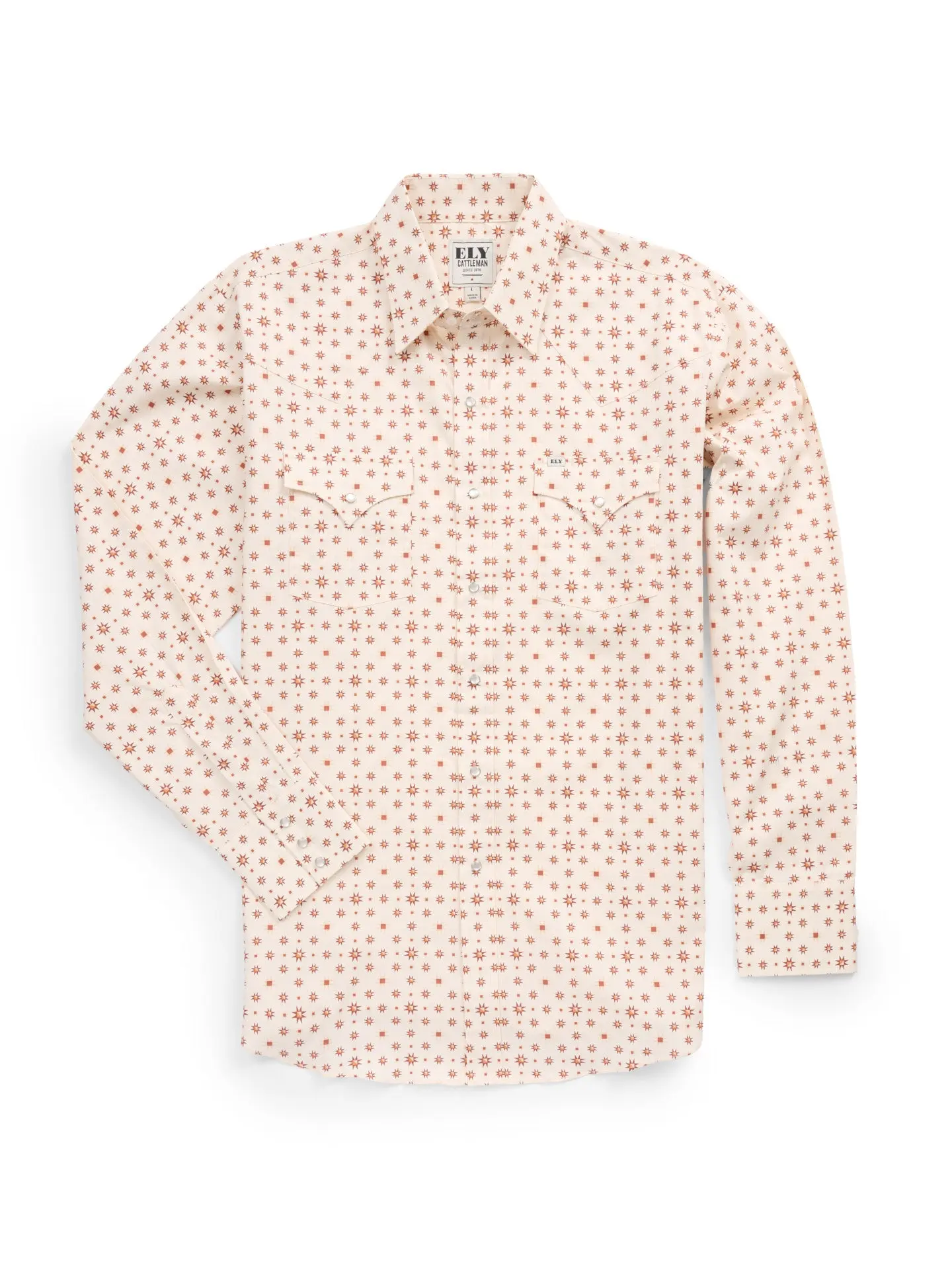Men's Ely Cattleman Long Sleeve Retro Star Print Western Snap Shirt - Ecru Casual Printed Menswear