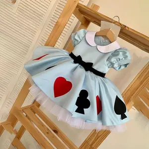 01 Kids Young Girls Christmas/Halloween/Party Dress Tulle Bubble Sleeves Blue Mesh Stage Performance Alice in Wonderland Dress Bead Decoration Princess Party Outfit