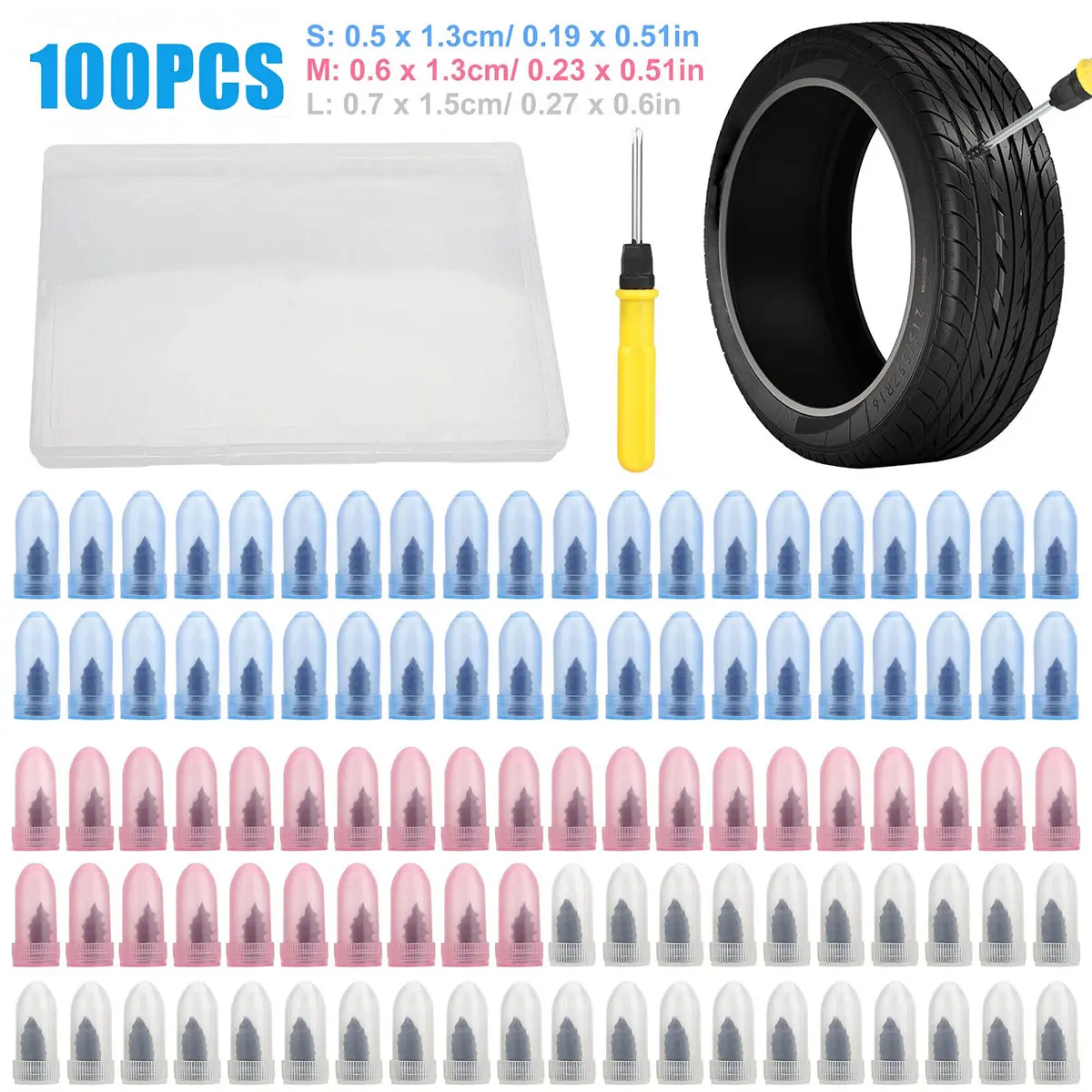 Tire Repair Screws with Screwdriver & Box Vacuum Tire Plug Kit Spiral Rubber Nail Tire Plugs Screw Type Fast Tool Self Screw in Tire Plugs for Car Truck Motorcycle Tire Puncture Repair
