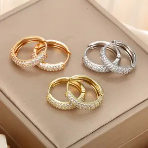 Three Row Diamond Wide Hoop Earrings with a Vintage High-End Feel for Women