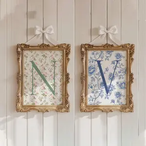 Custom Initial Elegant French Blue Toile Print Coquette Chinoiserie Floral Room Decor Personalized Wall Baby Girl Nursery Vintage Style Art