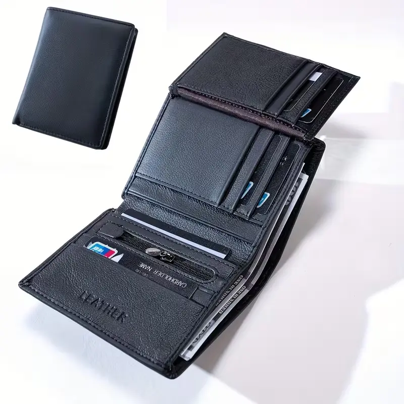 Men Vintage Slim Vertical Leather Wallet, Short ID Credit Card Holder, Minimalist Front Pocket Card Case with ID Window for Daily Business Travel, Outdoor Fun, summerwins, sohochic,Gifts for Him, Father's Day Gift, Back to School Item
