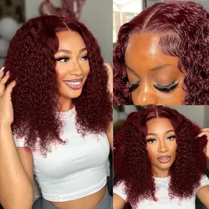Wear and Go Glueless Wigs Human Hair Pre Plucked Pre Cut 99j Burgundy Lace Front Wigs for Black Women 180 Density Water Wave Bob Wig Colored Human Hair Curly Wig (99j Burgundy Color, 14 Inch)