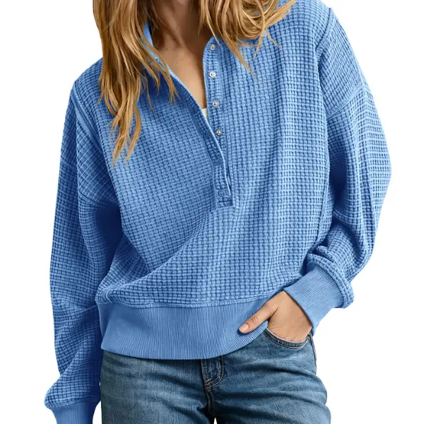 FISOEW Women's Waffle Knit Sweatshirt, Oversized Henley Pullover, Long Sleeve Ribbed Casual Button Top with a Comfortable Relaxed Fit, Chic, Knitwear