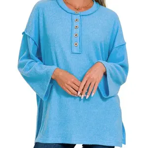 Zenana Ribbed Brushed Melange Henley Sweater- Comfortable