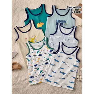 6 Pack Boys Cotton Round Neck Letter Print Cute Dinosaur Shark Cartoon Design Tank Tops Sleeveless Casual Knit Stretchy Vests for 3 12 Years Old Boys Elementary Middle School Students Teens All Seasons Daily Casual Outdoor Running