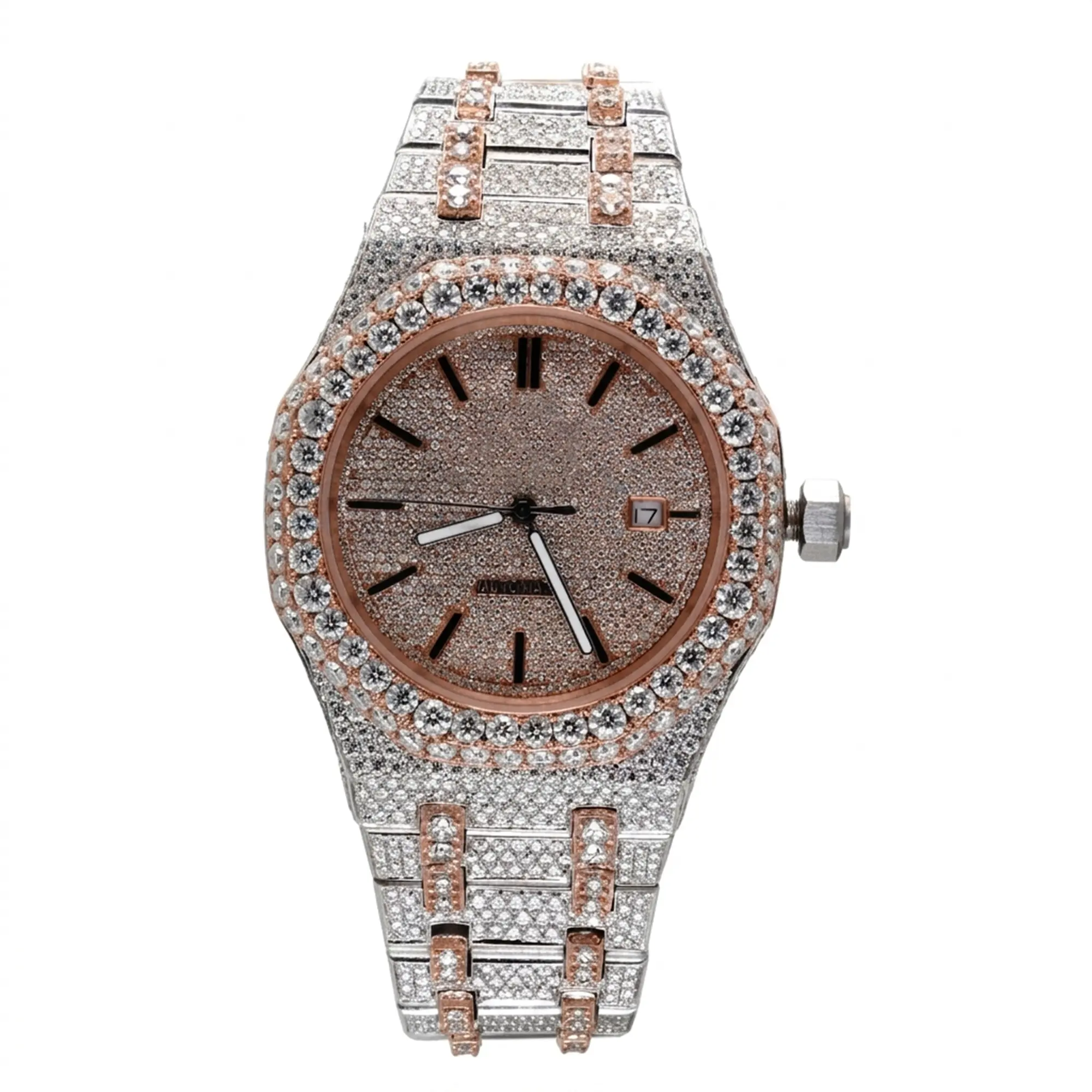 Kureight Jewel Men's Luxury Iced-Out 2-Tone Rose Gold-Silver Automatic Mechanical Watch, 41mm Case, 26.58 CT Moissanite, Rose Gold Dial, Fully Iced-Out Round Bezel, 50M Water Resistance, Stainless Steel Integrated Bracelet, Hip Hop Fashion Watch