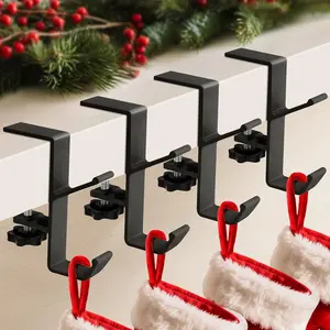 4 Pack Stocking Holders for Mantle for Christmas Decorations,2 in 1 Mantle Garland Holder for  Christmas Stockings,No Drilling Required & Adjustable Garland Hanger, Metal(Black)