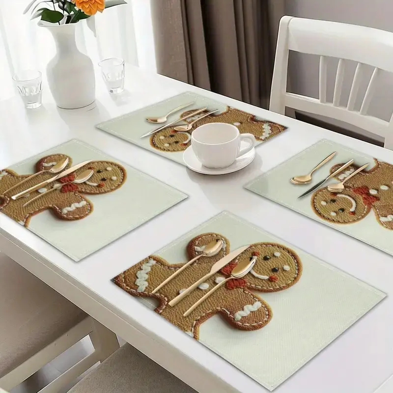 Set of 4 Christmas Gingerbread Print Placemats, Durable & Washable Table Mats for Holiday Decorations, Perfect for Kitchen Dining Tables