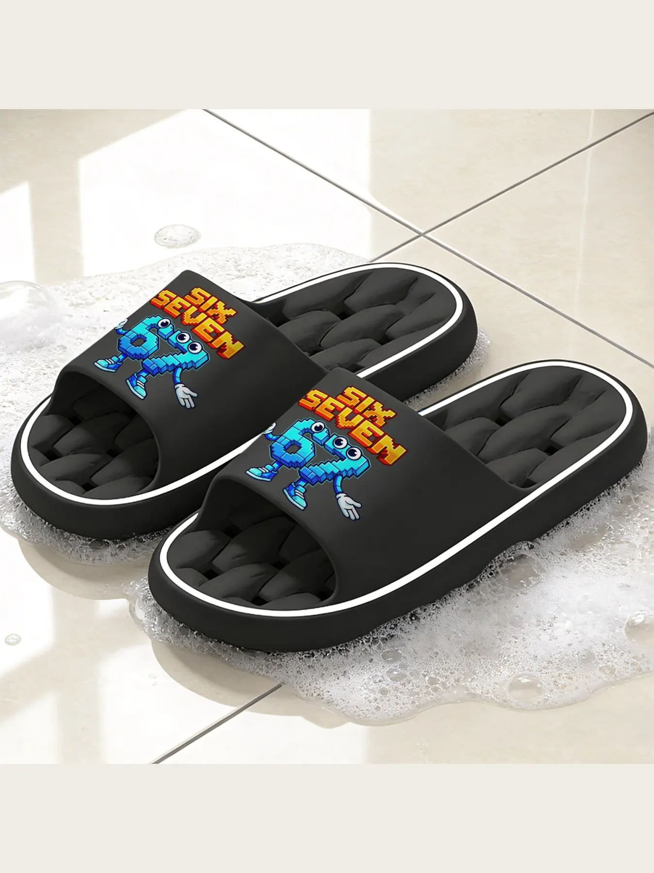 Cute Blocky SIX SEVEN Printed Slippers, Retro Pixel Art Cartoon Number Character Soft Casual Slide Slippers, Lightweight Non-Slip Open-Toe House Shoes for Indoor Home Bedroom Living Room, Fun Nostalgic Gaming Style Comfortable Foo