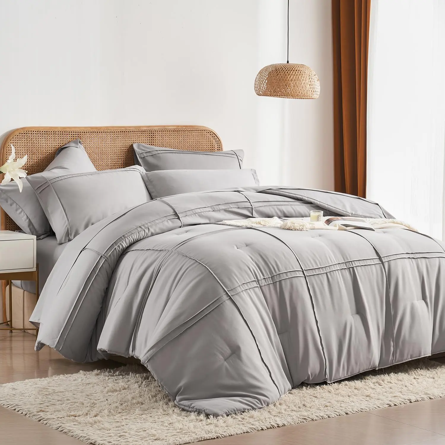 Full Size Comforter Set 7 Piece Bed in a Bag,Grid Pleat Grey Bedding Set,Striped Textured Soft Microfiber Comforter with Sheet Set,All Season Complete Bed Set(Grey,Full)
