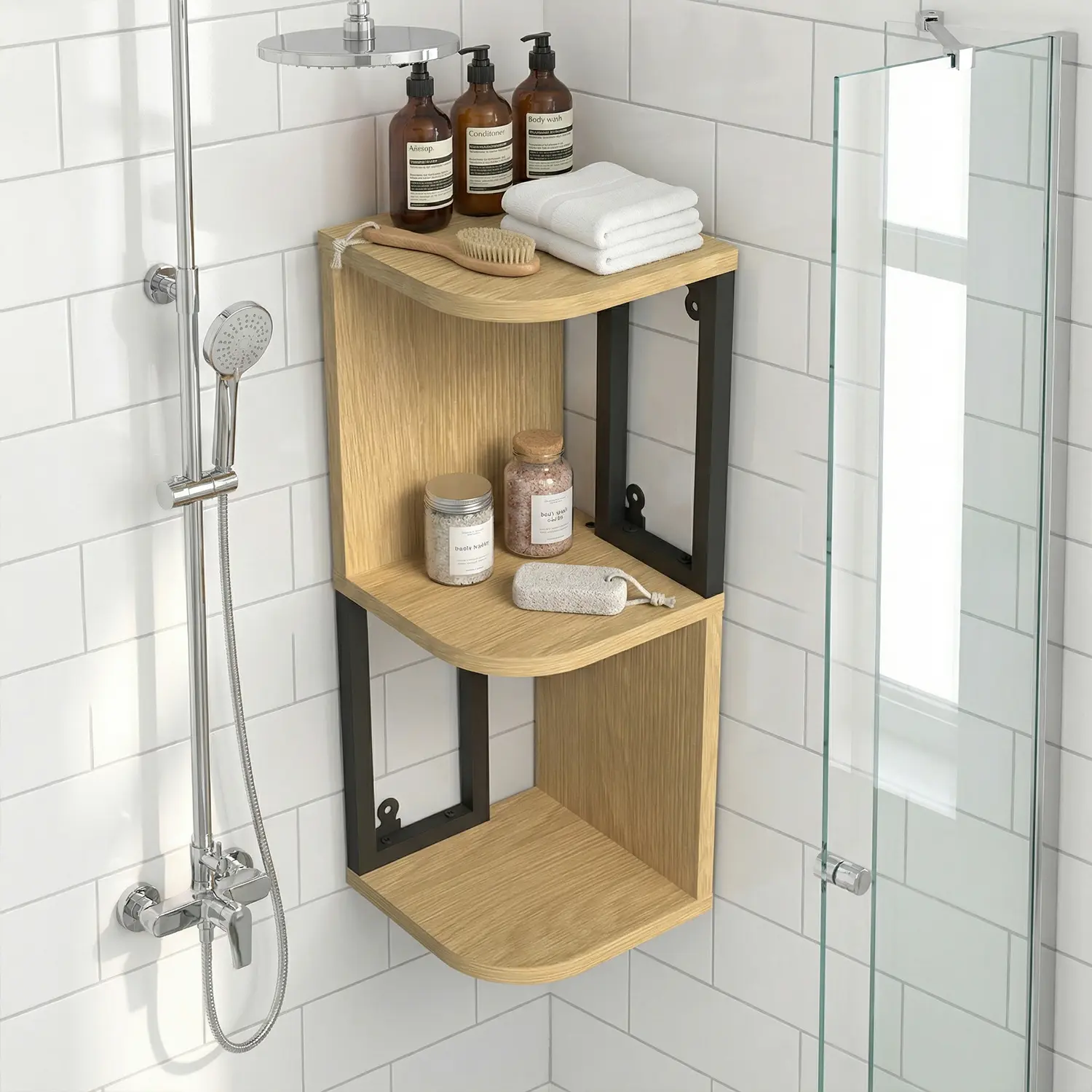 Wooden Wall-Mounted Corner Floating Shelves, 2-Tier 16in Farmhouse Rustic Decor with Metal Stabilizers, Invisible Steel Brackets, Non-Adhesive Space-Saving Triangle Storage Rack for Bathroom Home Supplies, Room Accessories, Accent Shelf