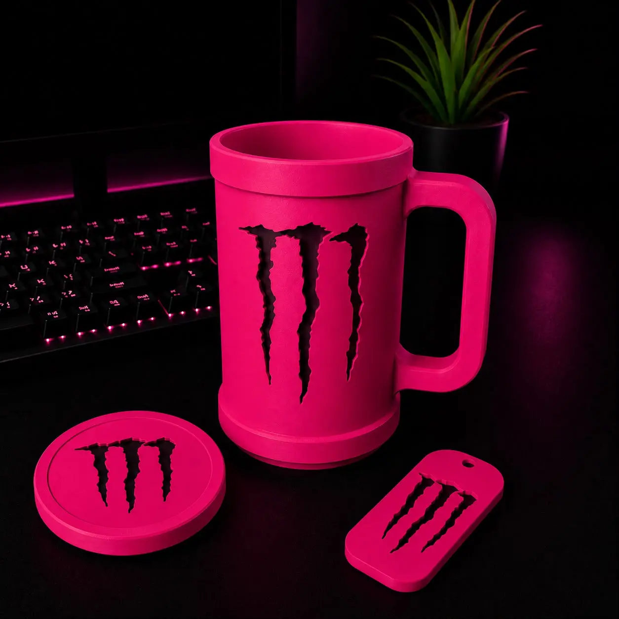 Energy Drink Can Holder with Custom Lid end Keychain | Gamer Desk Setup | Personalized Gift for Him & Her