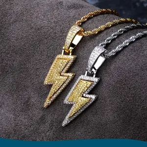 Gold/Silver Hip Hop Dominant Lightning Pendant Necklace Set with CZ Diamonds Personalized Trendy Men's Trendy Pendant Jewelry with 24 inch Chain