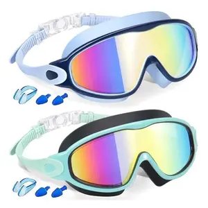 Kids Swimming Goggles, 2 Counts/set Anti-fog Goggles with Earplugs, Wide Vision Design Comfortable Silicone Material Goggles for Boys & Girls, Diving Swimming Goggles